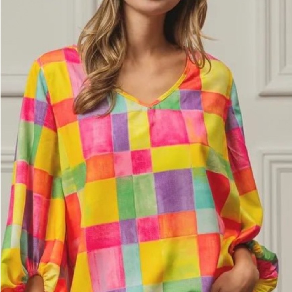 BiBi Vibrant Multicolor Checkered Blouse, M fits up to L